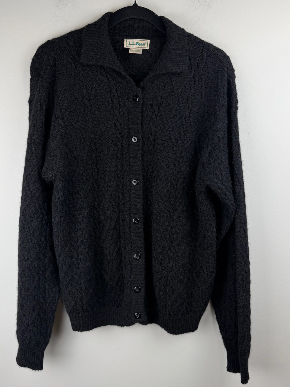 L.L.Bean Women’s Black 100% Alpaca Wool Cable Knit Button-front Cardigan Sz M